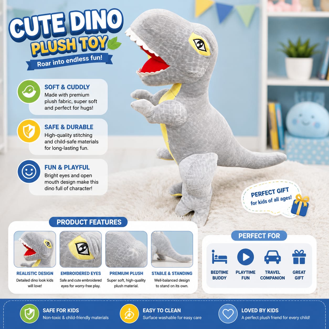 Gray dinosaur plush toy with product features and benefits on a white background